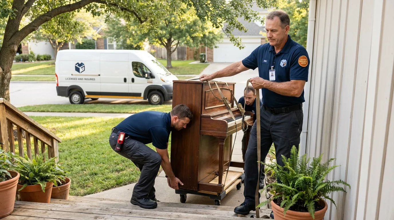 Licensed piano movers securing grand piano in Yarmouth, ME