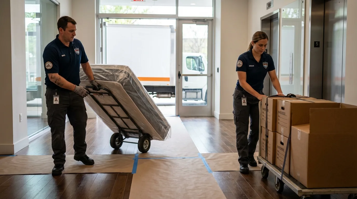 Professional apartment movers loading elevator in Yarmouth, ME