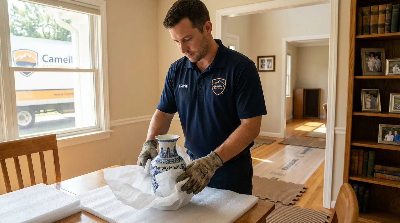 Professional crew carefully wrapping antique vase for senior downsizing move in Yarmouth, ME